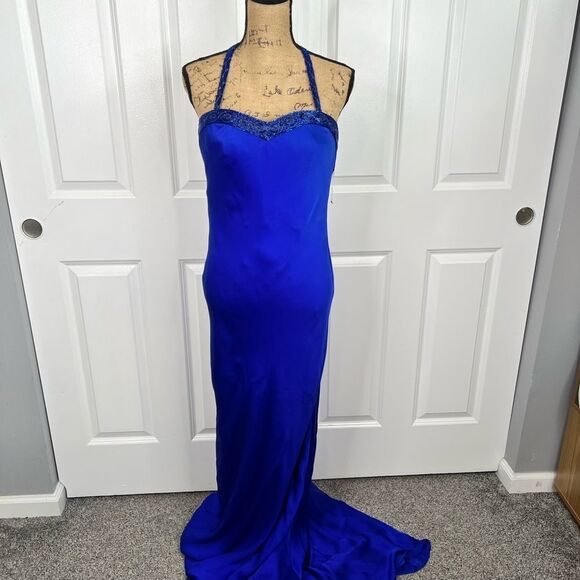 Sz 14(46 EUR) Giorgio Armani Cobalt Blue Beaded 100% Silk Halter Gown NWT $7,950 - Picture 3 of 17